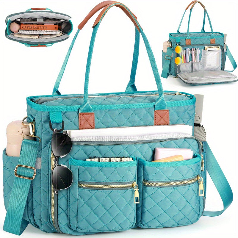 Women's Diamond Pattern Tote Bag – Multi-Compartment Laptop Work Bag, Wear-Resistant Commuter Teacher Bag, Stylish Professional Shoulder Bag for Office, School & Travel