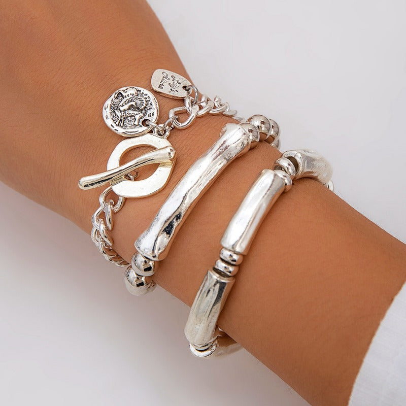 3pcs 925 Silver Chunky Bangle Set for Women – Stackable Hip Hop & Punk Style Bold Statement Bracelets, Silver-Plated, Layered Wrist Stack for Any Occasion