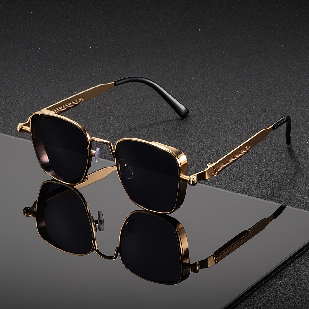 Retro Steampunk Square Sunglasses for Men & Women – Vintage Metal Frame Gradient Green Lenses UV400 Protection, Party Streetwear Festival Eyewear with Case & Cloth, Unique Gift Idea