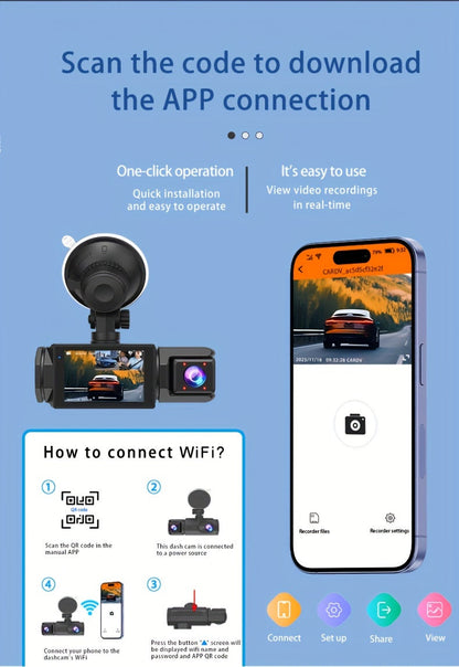 WiFi Dash Camera 2/3 Lens 170° Wide Angle Night Vision Loop Recording G-Sensor 2.0" IPS Screen with 32GB Memory Card - Front Rear Car Camera