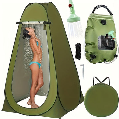 Pop-Up Privacy Tent & 5-Gallon Solar Shower Bag Camping Set – 2-Pack Waterproof Instant Setup Outdoor Shower Tent for Camping, Hiking, Fishing & Beach, Easy Fold Portable Changing Room, Green