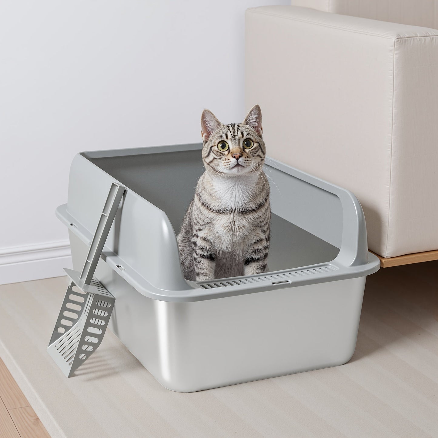 Stainless Steel Cat Litter Box High Sides Anti-Leakage Metal Litter Pan with Scoop Sifting Tray Rust-Proof Odor-Resistant Non-Stick Easy Clean Indoor Cat Toilet Medium Large Cats