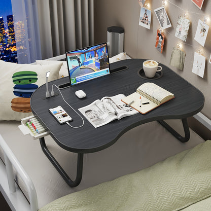 Lap Desk for Laptop with USB Port Storage Drawer & Cup Holder – Walnut Wood Bed Tray Table for Eating Writing Sofa Couch Adults Students