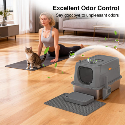 Oversized Enclosed Stainless Steel Cat Litter Box with Lid, Collapsible Anti-Splash Covered Indoor Cat Toilet with Front Flap Door & Superior Odor Control