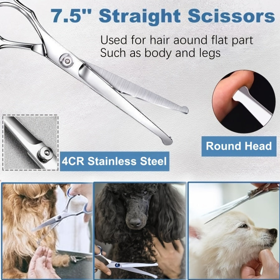 7-Piece Pet Grooming Scissors Set – Ceramic-Coated 4CR Stainless Steel, Safety Round Tips, Straight Thinning & Curved Shears with Comb & Storage Bag for Dogs Cats All Breeds