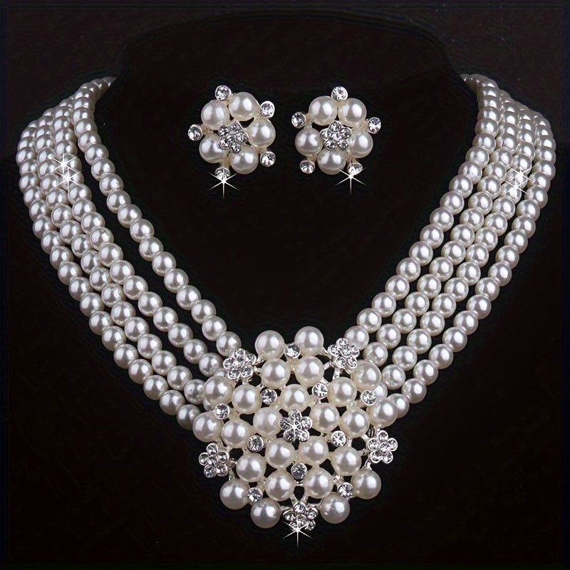 Milky White 4-Row Bead Necklace and Earring Set for Women – Layered Flower Pearl Style Silver Plated Jewelry Set for Wedding Banquet Evening Party Engagement Gift