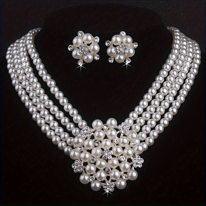 Milky White 4-Row Bead Necklace and Earring Set for Women – Layered Flower Pearl Style Silver Plated Jewelry Set for Wedding Banquet Evening Party Engagement Gift