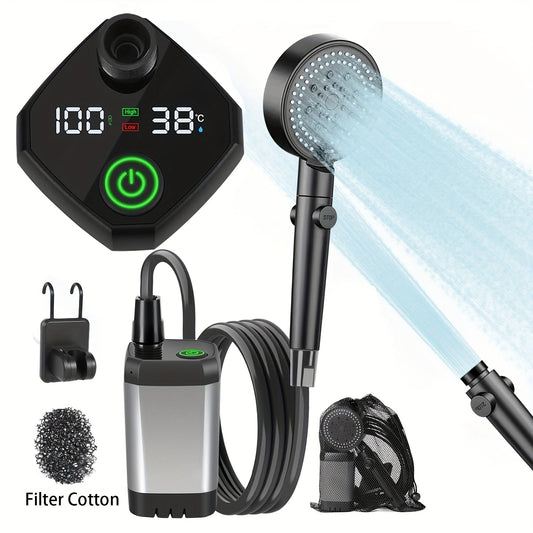 Portable Camping Shower 6000mAh Battery 120-Min Runtime 6 Spray Modes Smart Temperature Display – Lightweight Outdoor Shower Pump for Camping, Hiking, Pet Cleaning, Car Washing & Beach