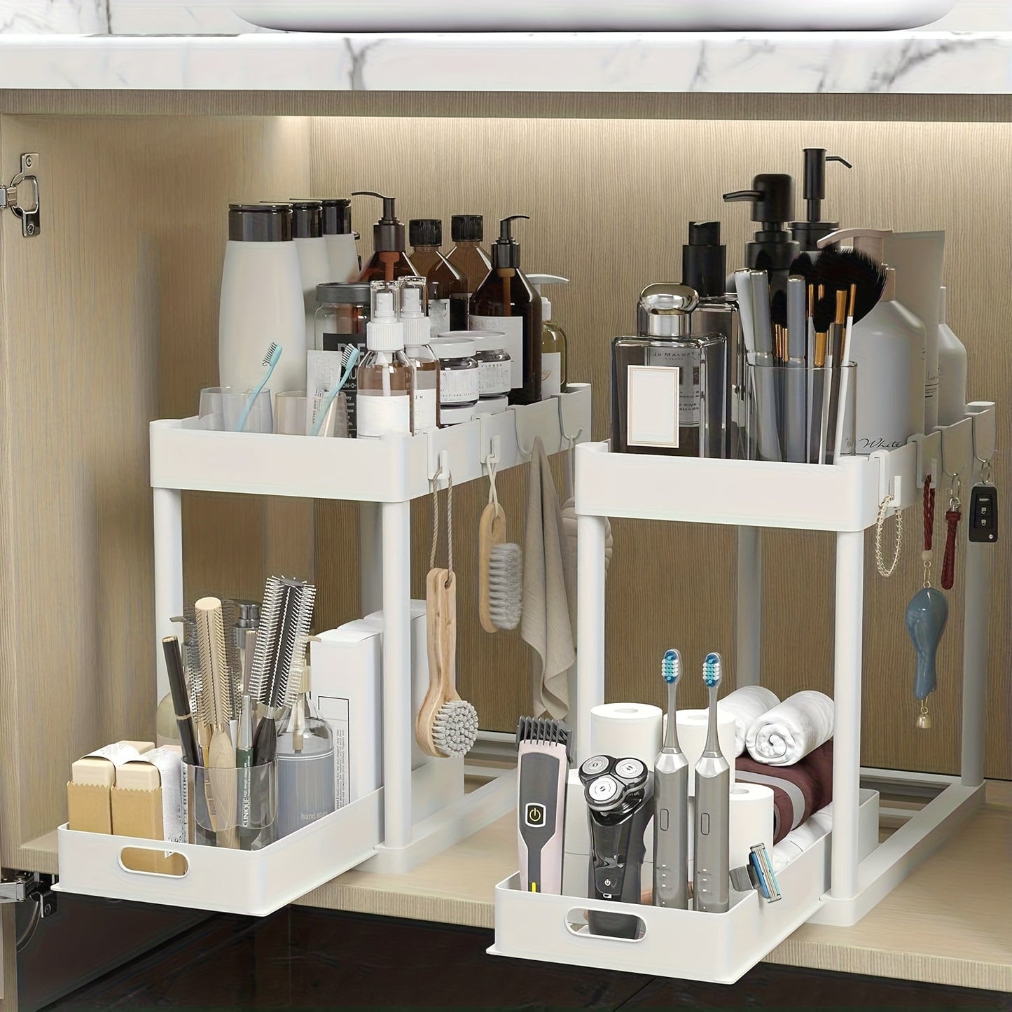 Under Sink Organizer 2-Pack Double-Tier Sliding Baskets 8 Hooks Expandable – Kitchen Bathroom Cabinet Storage Rack Organization Moonlight White Black Gray