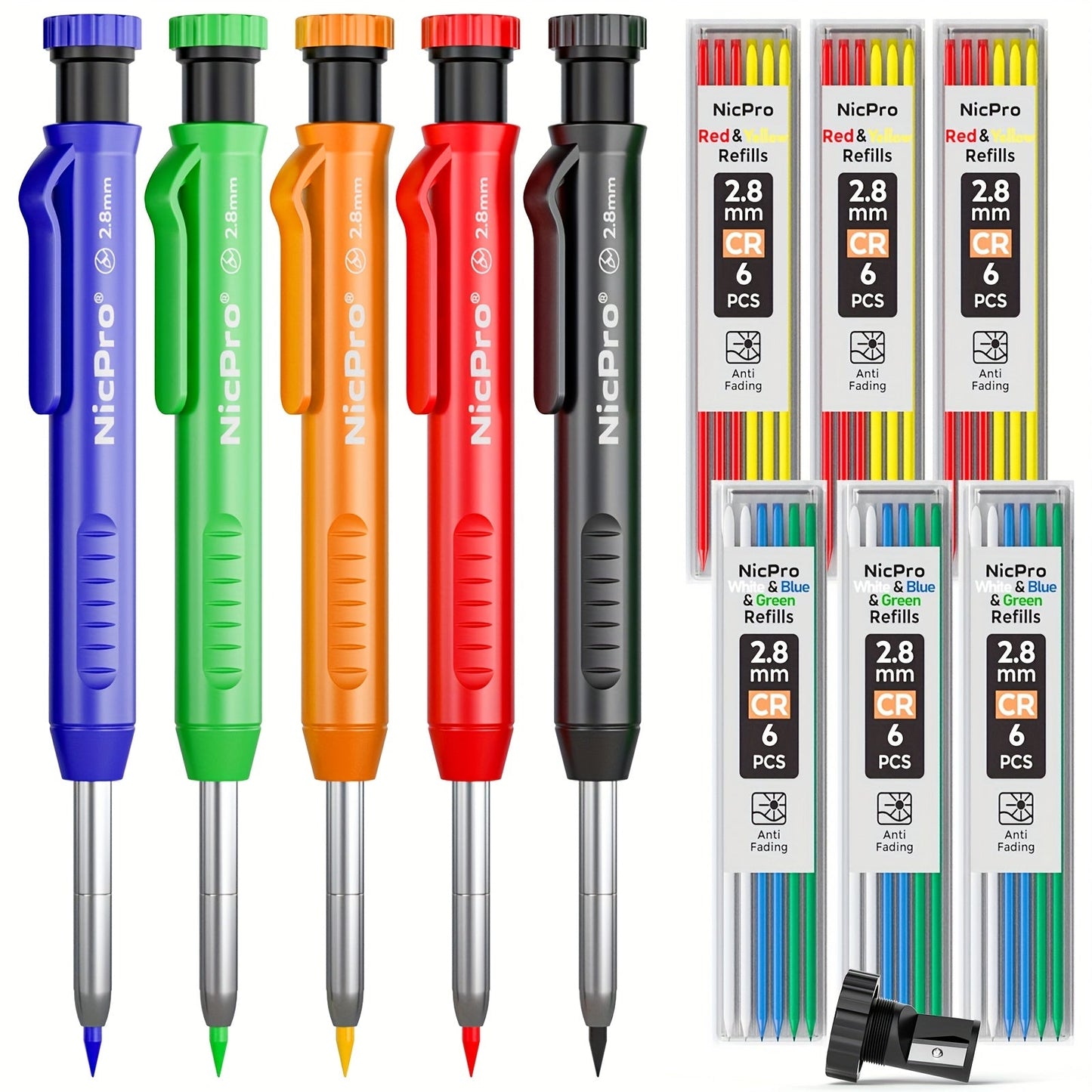 Carpenter Pencil Set with Sharpener & Refills, Heavy Duty Mechanical Woodworking Pencils for Construction, Drafting & Marking, Flat Pencils with Portable Case – 2, 3, 4 or 6 Piece Sets Available