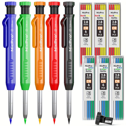 Carpenter Pencil Set with Sharpener & Refills, Heavy Duty Mechanical Woodworking Pencils for Construction, Drafting & Marking, Flat Pencils with Portable Case – 2, 3, 4 or 6 Piece Sets Available