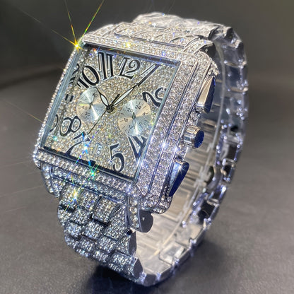 MISSFOX Men's Luxury Hip-Hop Quartz Watch – Square Dial Roman Numerals Rhinestone Bezel Date Calendar Wristwatch for Men, Formal & Casual, Gift for Dad, Silver Black Gold