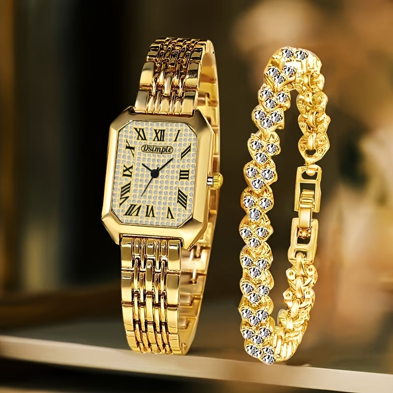 Women's Retro Quartz Watch Set 2pcs – Elegant Heart Chain Stainless Steel Rectangular Dial Analog Wristwatch, Court Style Luxury Timepiece Gift for Wedding, Easter, Birthday & Casual Wear