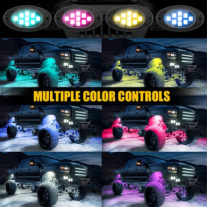RGB LED Rock Lights Kit for Trucks & Pickup – Sound Activated, APP & Remote Control, Multicolor Underglow Chassis Neon Light, 9 Large Light Beads, 4/6/8/10 Pods Underbody Lighting