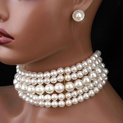 French Style Pearl Multi-Layer Necklace and Round Geometric Earrings Jewelry Set Gold Tone Elegant Women Banquet Wedding Gift