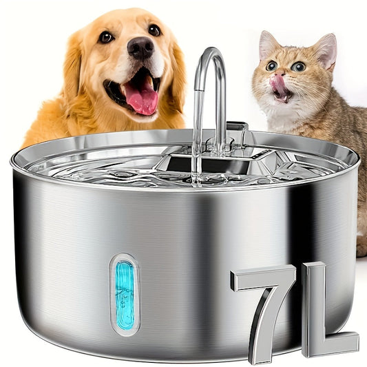 Stainless Steel Pet Water Fountain 236oz 7L Automatic Cat & Dog Water Dispenser with Replacement Filters USB Powered Water Level Window – FT007 Model