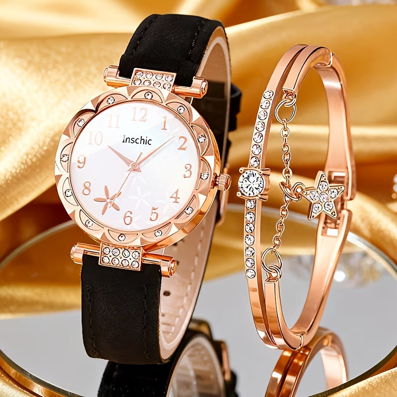 Rhinestone Heart Watch Set for Women – 2 Quartz Watches with Faux Leather Strap, Rose Gold & Pink Bracelet Wristwatch Gift Set for Valentine's Day, Birthdays & Parties