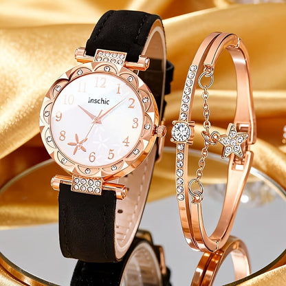 Rhinestone Heart Watch Set for Women – 2 Quartz Watches with Faux Leather Strap, Rose Gold & Pink Bracelet Wristwatch Gift Set for Valentine's Day, Birthdays & Parties