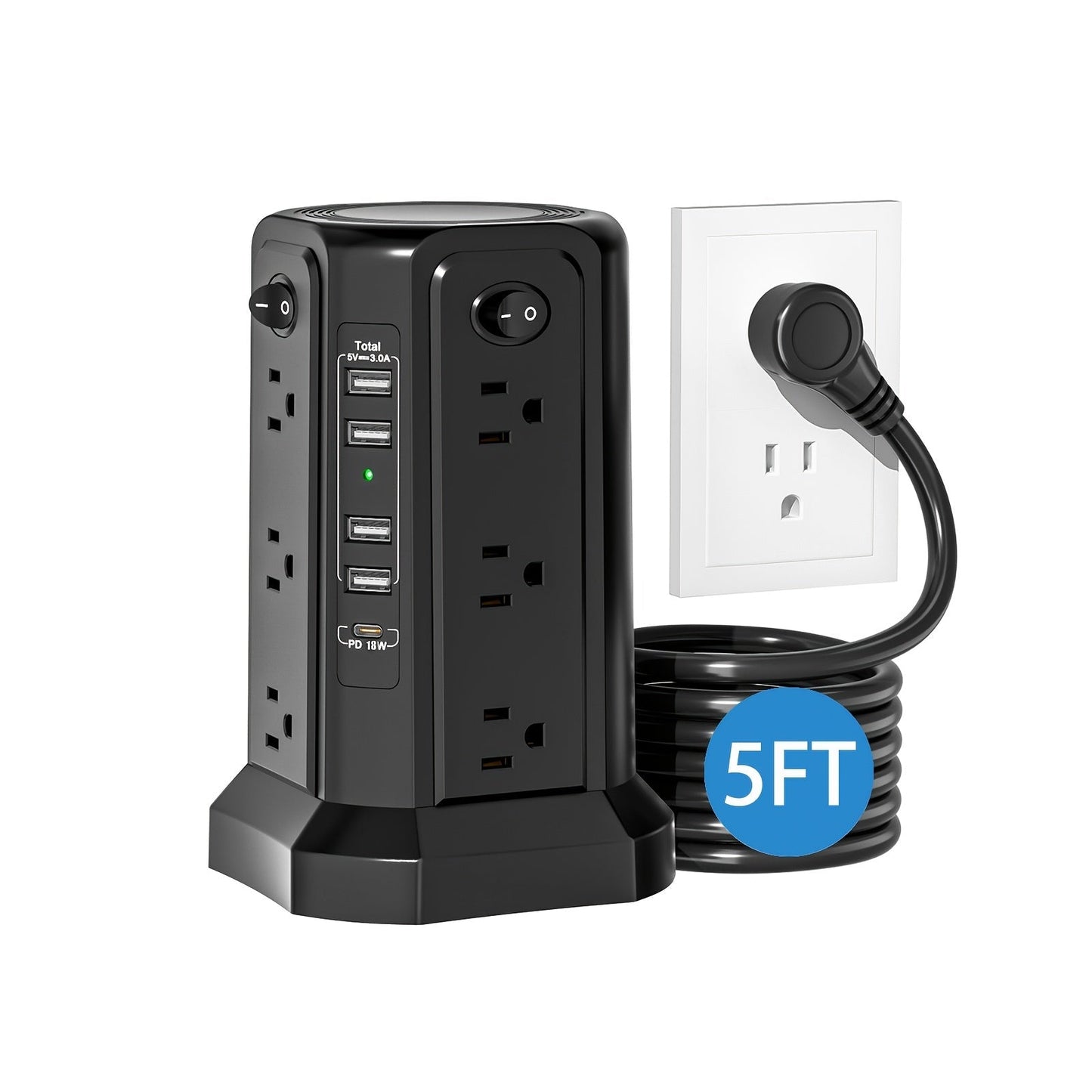 Power Strip Tower 16 AC Outlets 5 USB Ports USB-C PD20W 1500J Surge Protector Flat Plug Desktop Extension Cord