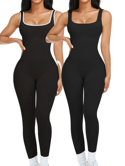 2-Pack Women's Sleeveless Square Neck Long Jumpsuit - 90% Nylon Thick Stretchy Impermeable Activewear Bodysuit for Yoga Pilates Running Fitness, Washable One-Piece Workout Suit Sizes S-XL