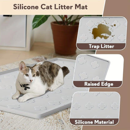 XXL Silicone Cat Litter Mat 3-in-1 – Washable Non-Slip Floor Protector with Raised Edges, Traps Litter, Kibble & Crumbs, Foldable Pet Feeding Mat for Cats, 34x22 Inch, Light Grey & Dark Gray