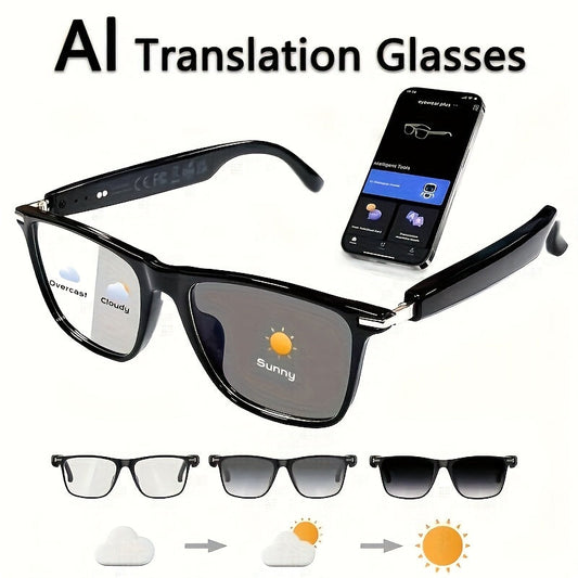 AI Smart Glasses with Real-Time 160-Language Translation, GPT Chat Assistant, Bluetooth 5.2 Audio, Hands-Free Calling, Music Playback, Photochromic & Anti-Blue Light Lenses – Unisex Wearable Tech