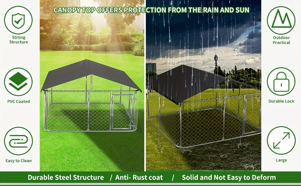 Heavy Duty Outdoor Dog Kennel Enclosure – Galvanized Steel Mesh Cage with Rain & UV-Proof Roof, Secure Lock, Ground Nails, 3 Sizes Available