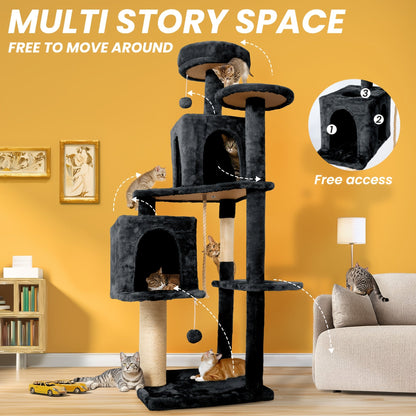 59" Multi-Level Cat Tower for Indoor Cats – Large Cat Tree with Plush Resting Area, Sisal Scratching Post & Hanging Ball Toy – Ideal for Bedroom, Living Room & Multi-Cat Households – Velora