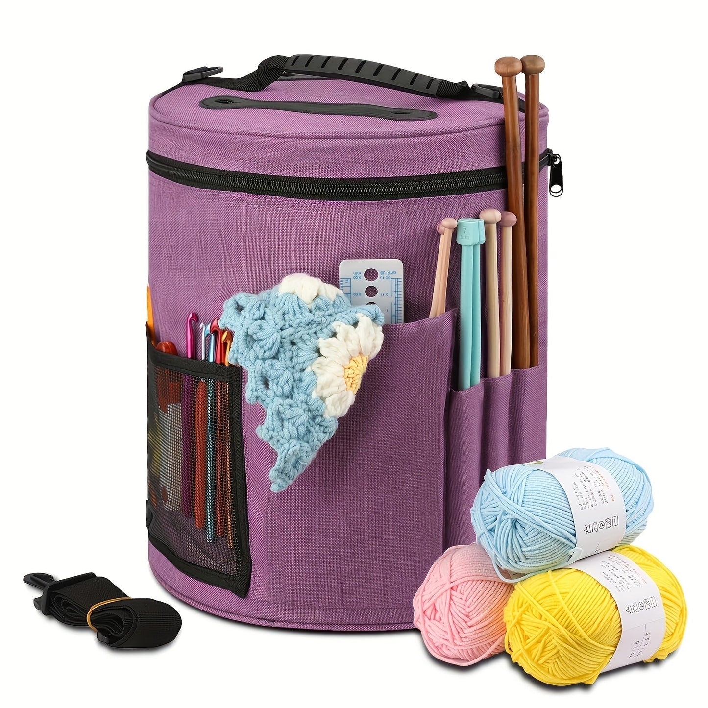 Crochet Bag Yarn Storage Organizer with Front Pocket – Spacious Knitting Tote for Yarn, Hooks & Needles, Sturdy & Lightweight, Available in Grey, Purple & Dark Pink