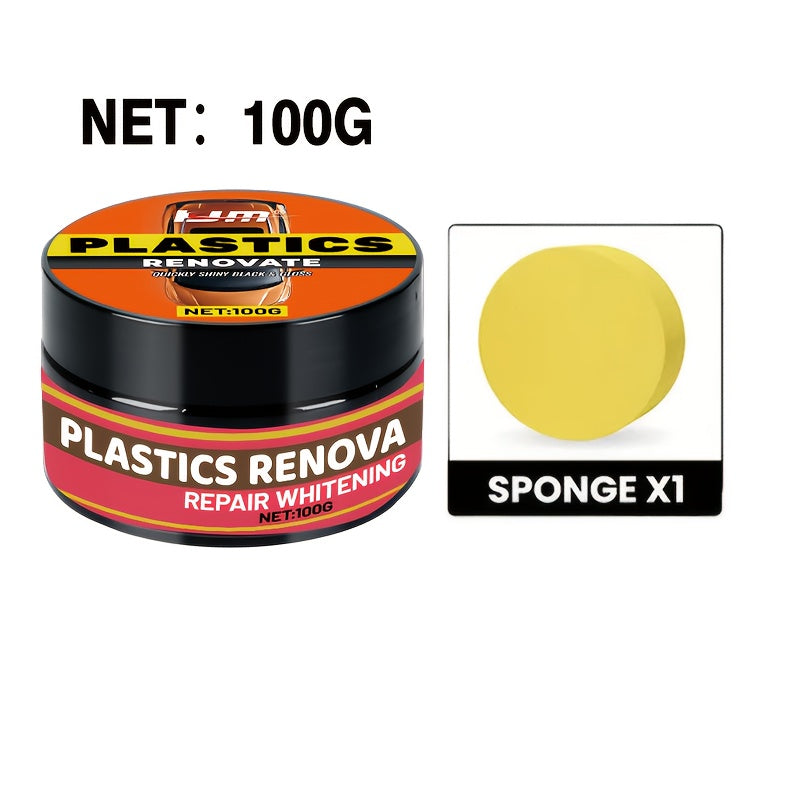 Car Plastic Restorer Kit with Sponge, Auto Interior Shine & Tire Protection Cream, Anti-Yellowing Plastic Renewal Paste for Dashboard, Bumper, Trim & Tires – Fast Refurbishment & Anti-Aging Formula