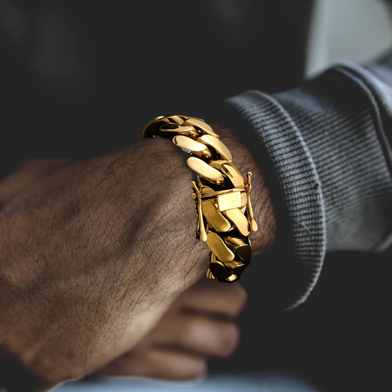 18K Gold Plated Cuban Link Chain Necklace and Bracelet Set for Men 14mm Thick Stainless Steel Hip Hop Jewelry Set with Buckle Clasp Sizes 16-30 Inch Gift for Him