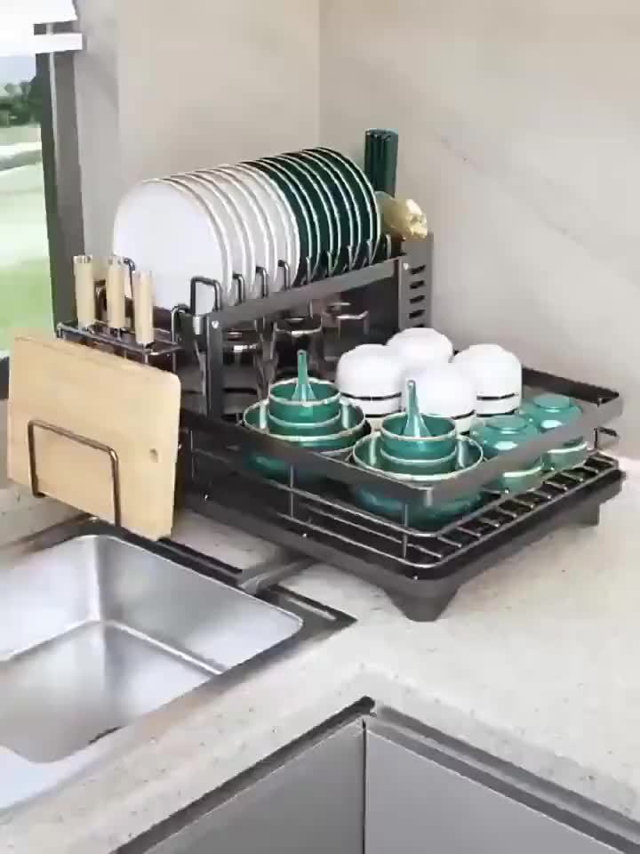2-Tier Dish Drying Rack for Kitchen Counter with Drainboard Drain Mat Knife Fork Cup Holder Utensil Organizer Dish Drainer Kitchen Gadget Gift for Women Mother's Day