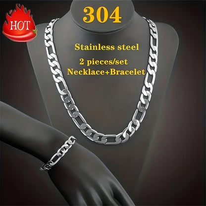 Stainless Steel Cuban Chain Necklace & Bracelet Set 2pcs – Y2K Retro Fashion Unisex Jewelry for Men & Women, 304L Tarnish-Resistant Cuban Link Chain, Available in 18–30 Inch Sizes