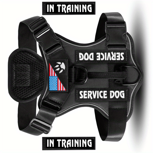 No-Pull Dog Harness Set Reflective Vest with 5 Patches – Adjustable Soft Oxford Mesh Service Dog Harness Front & Back Clip for Small Medium Large Dogs XS to XL