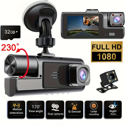 Dash Cam 2 & 3 Camera 1080P Front 720P Rear | Infrared Night Vision, 170° Wide Angle, WiFi, Loop Recording, G-Sensor, 32GB, 24H Parking Mode – Front and Rear Car Camera for All Vehicles