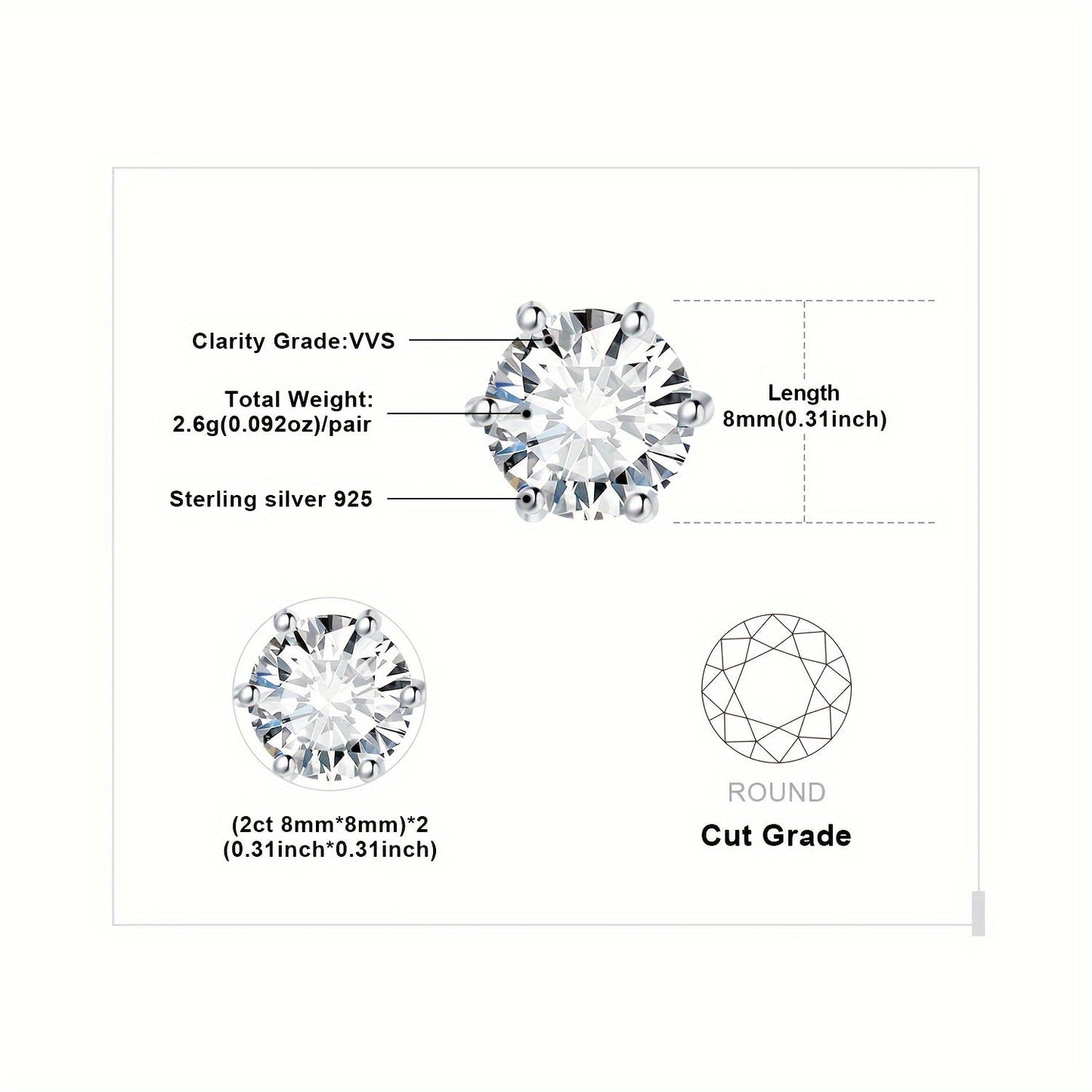 Moissanite Stud Earrings 925 Sterling Silver Round Cut Brilliant Sparkle 0.6ct to 6ct Platinum Plated Wedding Engagement Fine Jewelry for Women Girls Daily Prom Party