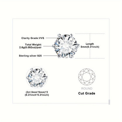 Moissanite Stud Earrings 925 Sterling Silver Round Cut Brilliant Sparkle 0.6ct to 6ct Platinum Plated Wedding Engagement Fine Jewelry for Women Girls Daily Prom Party