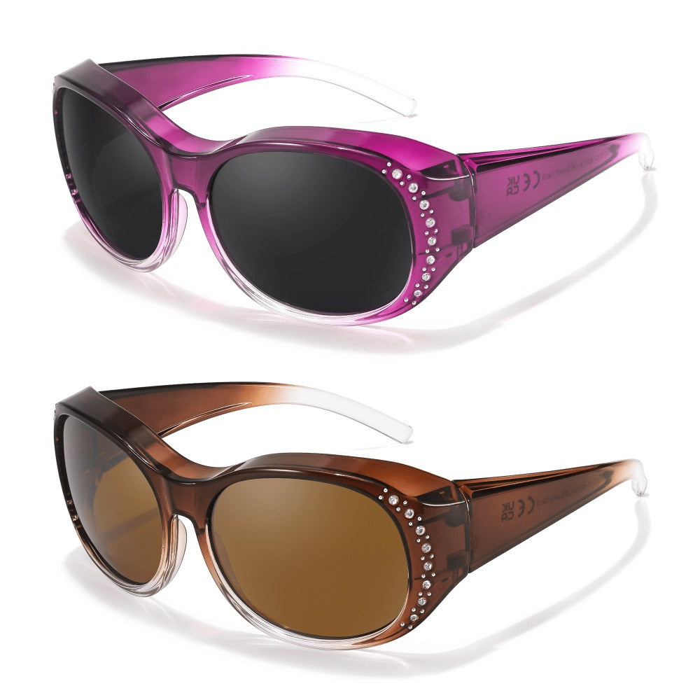 2-Pack Women's Polarized Fit Over Glasses for Prescription Eyeglasses – Rhinestone Accent Wraparound Sunglasses, Anti-Glare Polarized Lenses, No Adapter Needed, Multiple Color Options