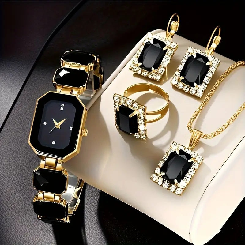 5pc Women's Bohemian Jewelry Set with Square Quartz Watch – Earrings, Ring, Necklace & Bracelet Included, Elegant Boho Accessories for Daily Wear & Parties, 3 Colors