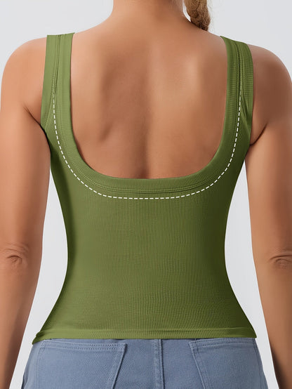 Women's Scoop Neck Tank Top Removable Chest Padding Slim Fit Casual Summer Sleeveless Top 8 Colors XS-XL Built-In Bra
