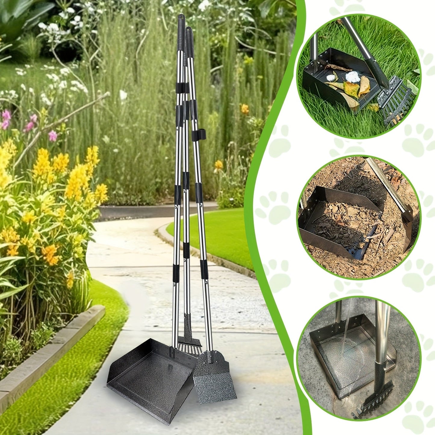 Heavy-Duty Dog Pooper Scooper with 48" Extended Handle – Stainless Steel Swivel Tray, Rake & Spade Set for Grass, Dirt & Gravel, No-Bend Pet Waste Removal for All Dog Sizes (2/3 Piece Set)