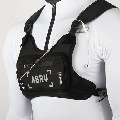 Reflective Chest Bag Running Vest Pack Lightweight Adjustable Crossbody Sling Bag for Men Women – Waterproof Sport Chest Pack for Cycling Hiking Skiing with Headphone Hole, Black & White