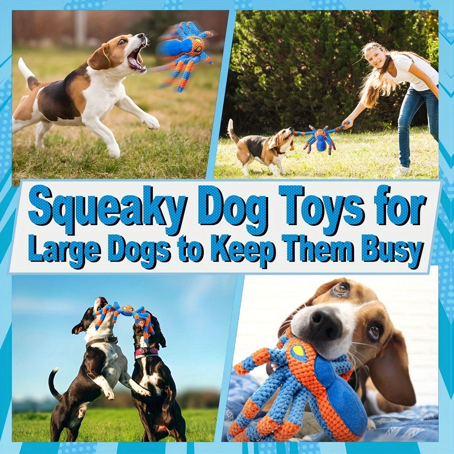 Squeaky Spider Dog Toy for Large Dogs – Interactive Crinkle Tug of War Plush Puppy Toy with Squeaker Head & Crinkle Legs, Keeps Dogs Busy for Hours, No Battery Needed, Blue & Red Spider