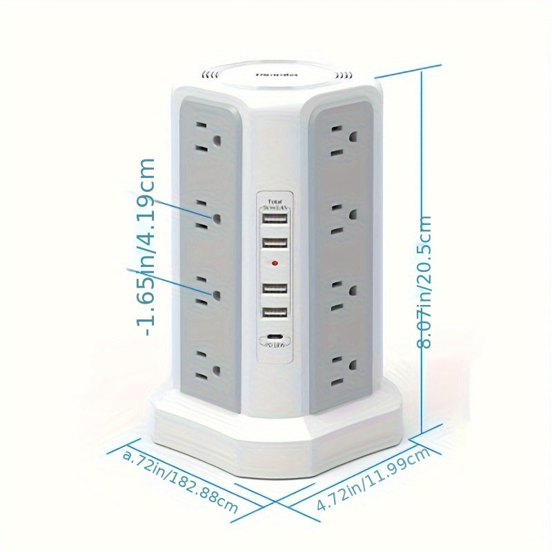 Power Strip Tower 16 AC Outlets 5 USB Ports USB-C PD20W 1500J Surge Protector Flat Plug Desktop Extension Cord