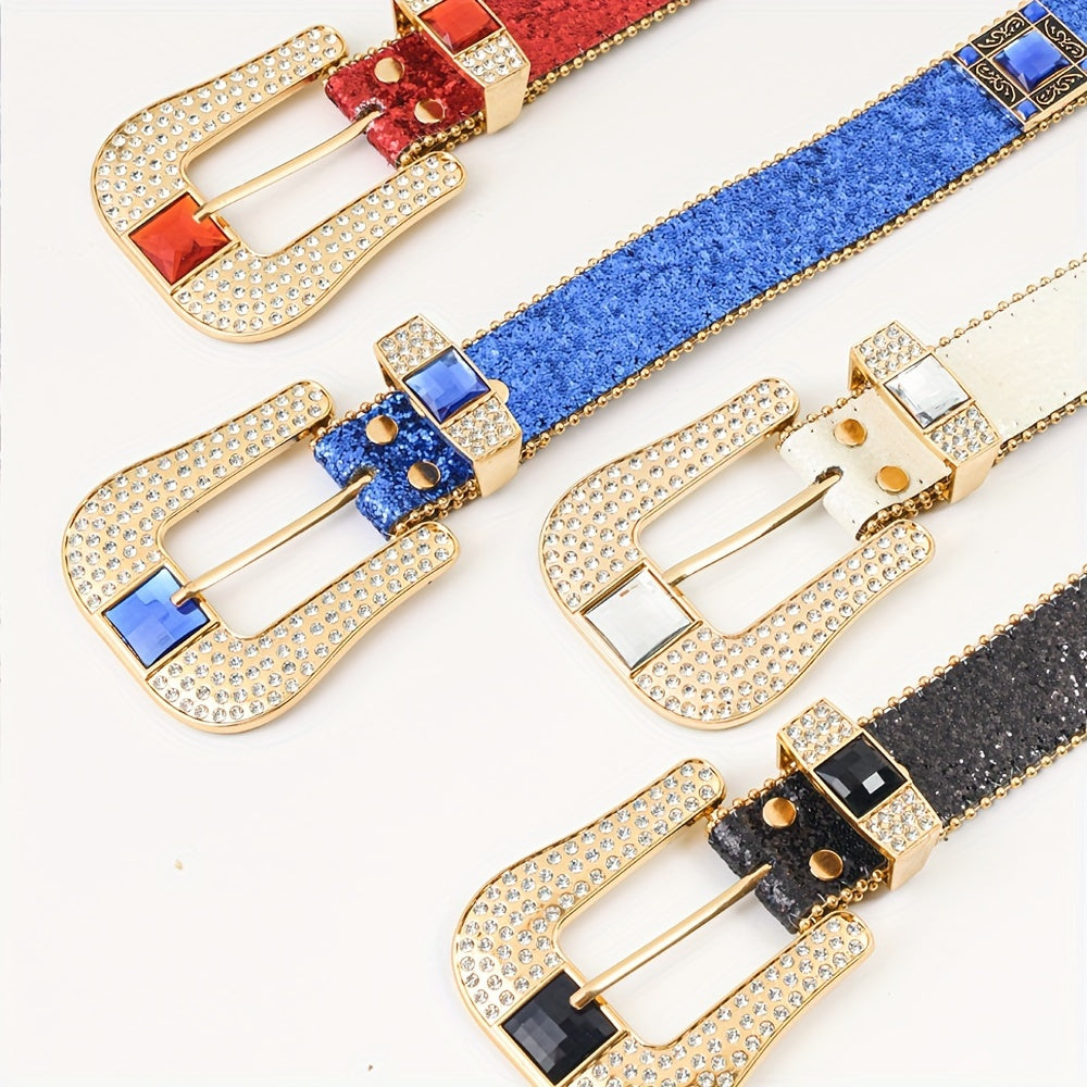 Rhinestone Punk Belt for Women - European American Style Rock & Roll Fashion Belt with Inlaid Rhinestones & Sequins, Zinc Alloy Golden Buckle, Glamorous Party Festival & Everyday Outfit Accessory