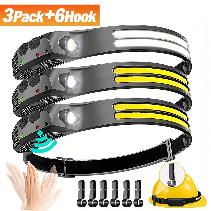 3 Pack Rechargeable COB LED Headlamp 230° Wide Beam Motion Sensor 5 Modes with 6 Hooks – Bright Headband Flashlight for Camping Hiking Work Hard Hat Forehead Head Light for Adults (Single/Dual/Triple Strip)