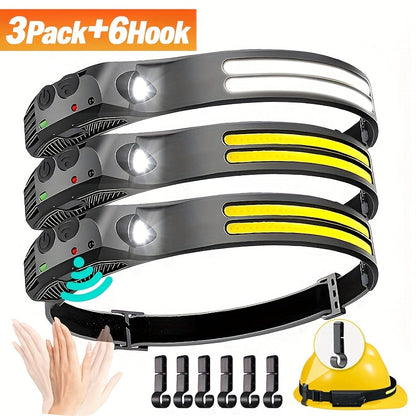 3 Pack Rechargeable COB LED Headlamp 230° Wide Beam Motion Sensor 5 Modes with 6 Hooks – Bright Headband Flashlight for Camping Hiking Work Hard Hat Forehead Head Light for Adults (Single/Dual/Triple Strip)