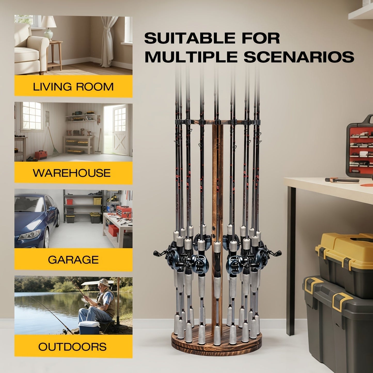 Circular Wooden Fishing Rod Rack Holds 16 Rods Space-Saving Fishing Pole Organizer for Garage Shed Man Cave – 360° Rotating & Fixed Options, Sturdy Wood Construction, Fisherman Gift