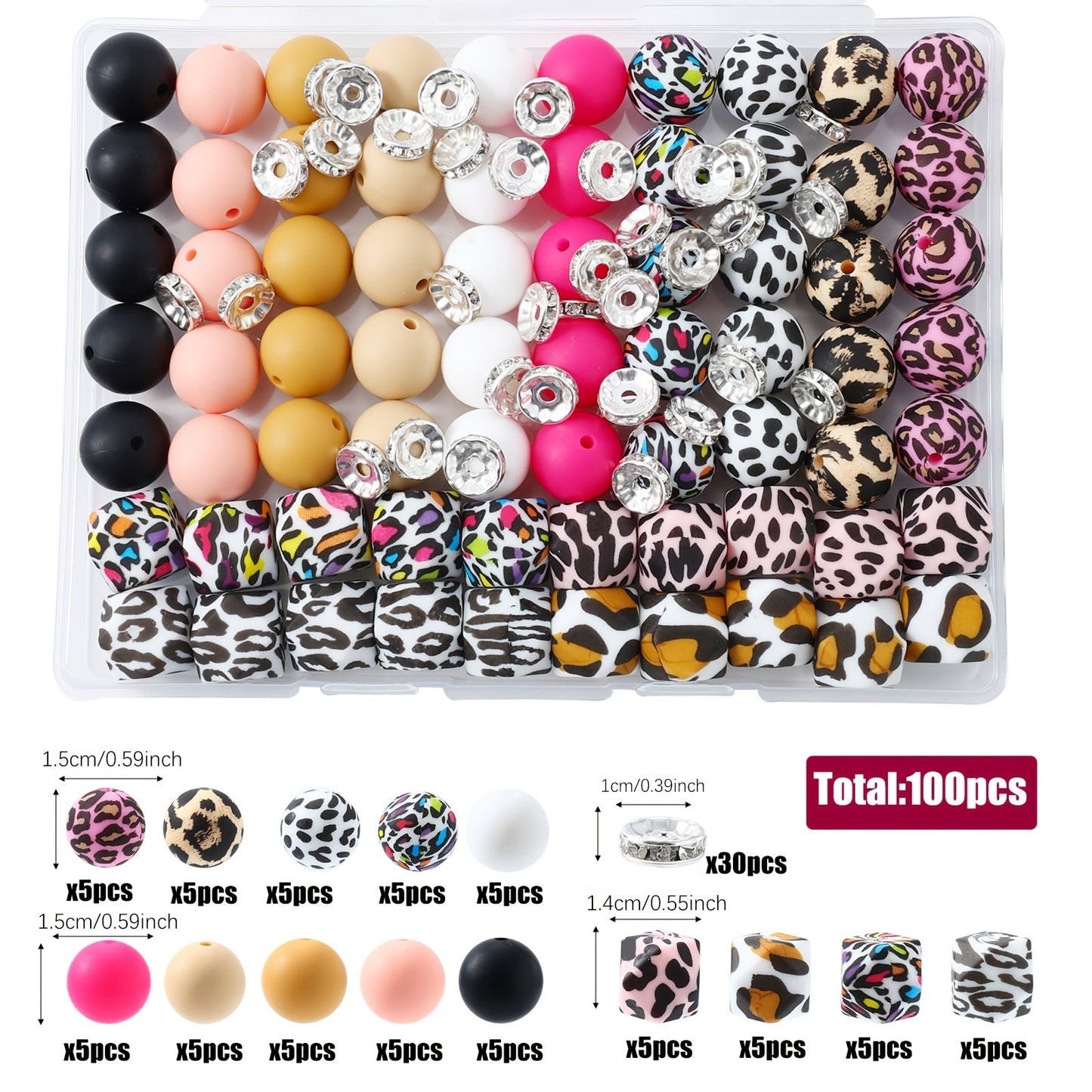 100pcs Silicone Beads Set with Storage Box Hexagonal Striped Printed Pattern Beads for DIY Jewelry Making Bead Pens Keychain Pendant Craft Supplies Girls Kids Teens Adults