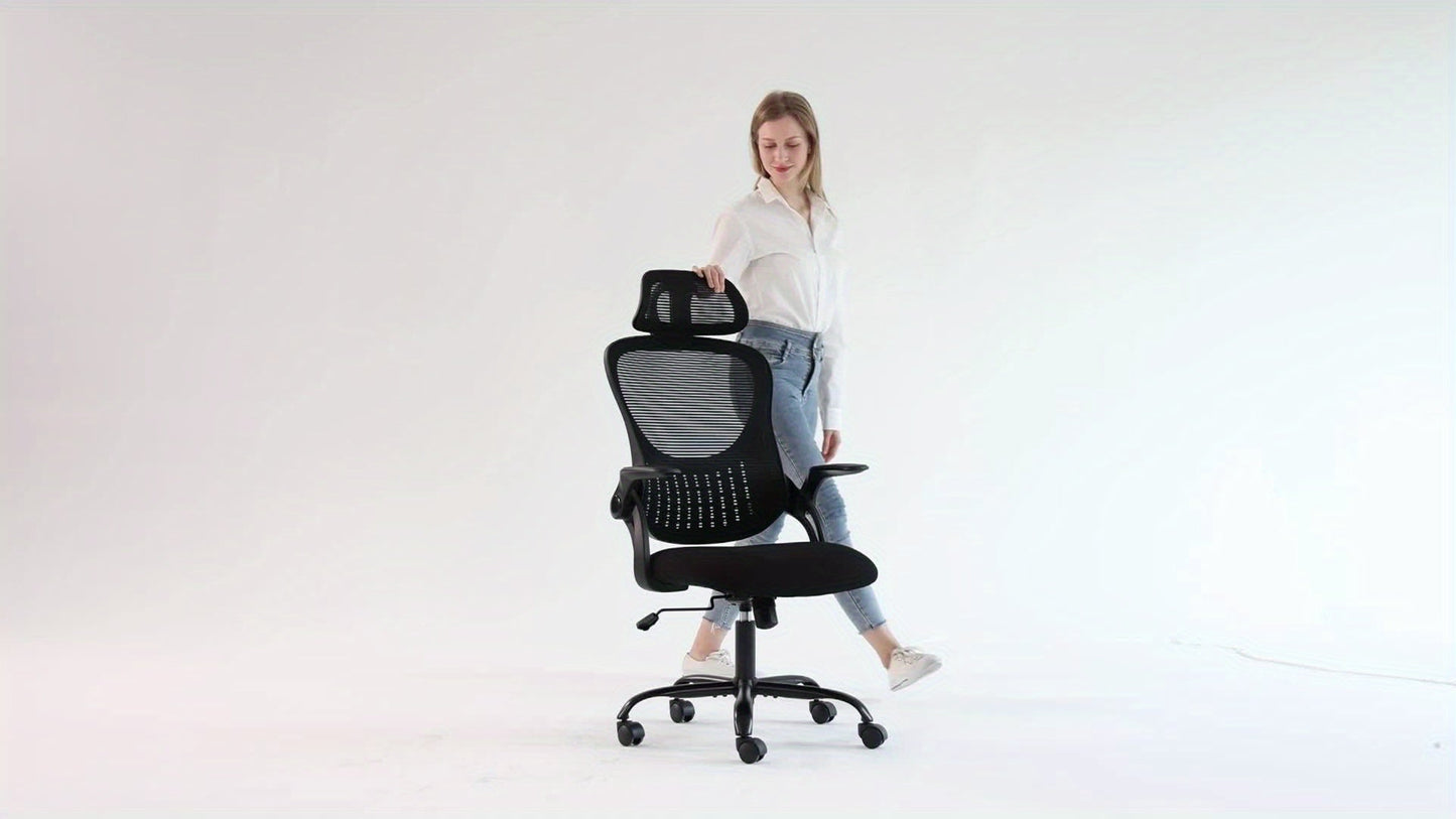 Ergonomic High-Back Mesh Office Chair with Flip-Up Arms Adjustable Headrest Lumbar Support & Wheels - Rolling Computer Desk Chair for Home Office Bedroom Study Pink Grey Black
